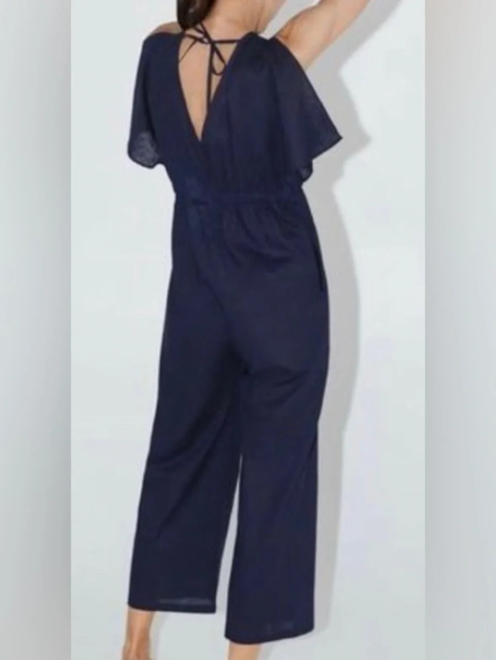 Zara Navy Blue Linen Jumpsuit S Wide Leg V-Neck Tie Back Short Sleeve‎ Rustic
